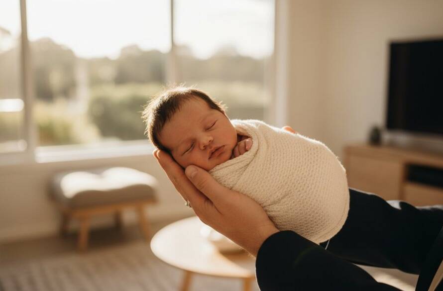 An 'epic moment' style photograph of a sleeping newborn baby in Donvale, delicately swaddled, held gently in a parent's hands, bathed in soft, natural window light from a beautiful home in Donvale, showcasing the warmth and intimacy of Donvale Newborn Photography Gentle Home Sessions Victoria.