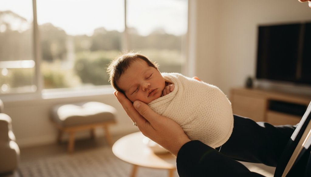An 'epic moment' style photograph of a sleeping newborn baby in Donvale, delicately swaddled, held gently in a parent's hands, bathed in soft, natural window light from a beautiful home in Donvale, showcasing the warmth and intimacy of Donvale Newborn Photography Gentle Home Sessions Victoria.