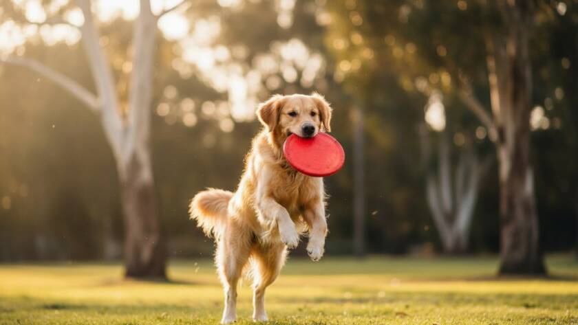 A golden retriever mid-leap, tongue out, joyfully catching a frisbee in a sun-drenched Donvale park, perfectly illustrating Donvale pet photography capturing joyful dog moments. Dramatic backlighting highlights its fur and motion.