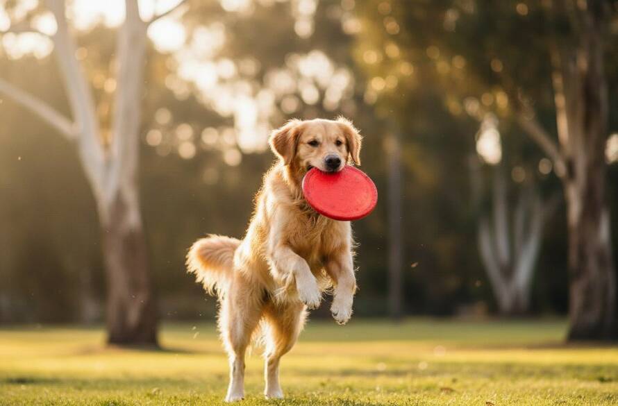A golden retriever mid-leap, tongue out, joyfully catching a frisbee in a sun-drenched Donvale park, perfectly illustrating Donvale pet photography capturing joyful dog moments. Dramatic backlighting highlights its fur and motion.