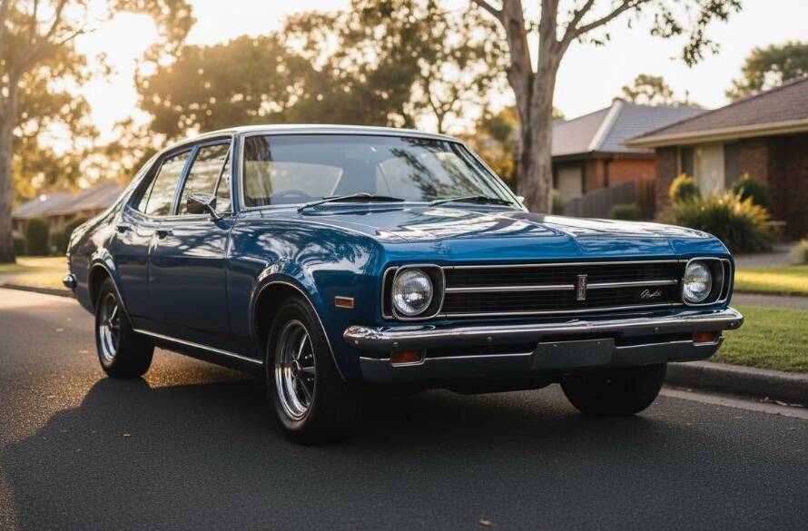 Dramatic wide shot of a gleaming vintage sports car parked at sunset on a quiet, tree-lined street in Donvale, Victoria, bathed in golden light, embodying expert Donvale prestige car photography Melbourne with a cinematic feel.