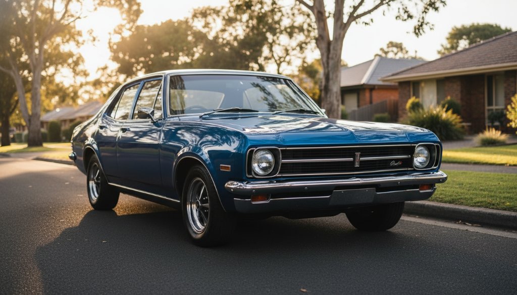 Dramatic wide shot of a gleaming vintage sports car parked at sunset on a quiet, tree-lined street in Donvale, Victoria, bathed in golden light, embodying expert Donvale prestige car photography Melbourne with a cinematic feel.