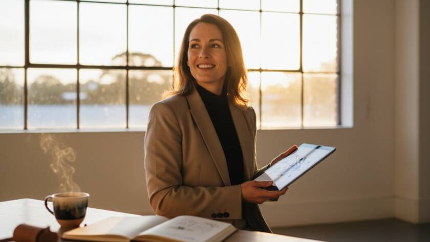 A professional female entrepreneur in Donvale, beaming with confidence, stands powerfully in her stylish office. The scene is bathed in golden hour light streaming through a large window, highlighting her and her branding materials. This epic moment of Donvale professional branding photography for local businesses captures her success and approachable expertise.