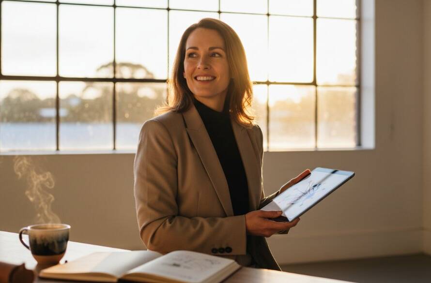 A professional female entrepreneur in Donvale, beaming with confidence, stands powerfully in her stylish office. The scene is bathed in golden hour light streaming through a large window, highlighting her and her branding materials. This epic moment of Donvale professional branding photography for local businesses captures her success and approachable expertise.