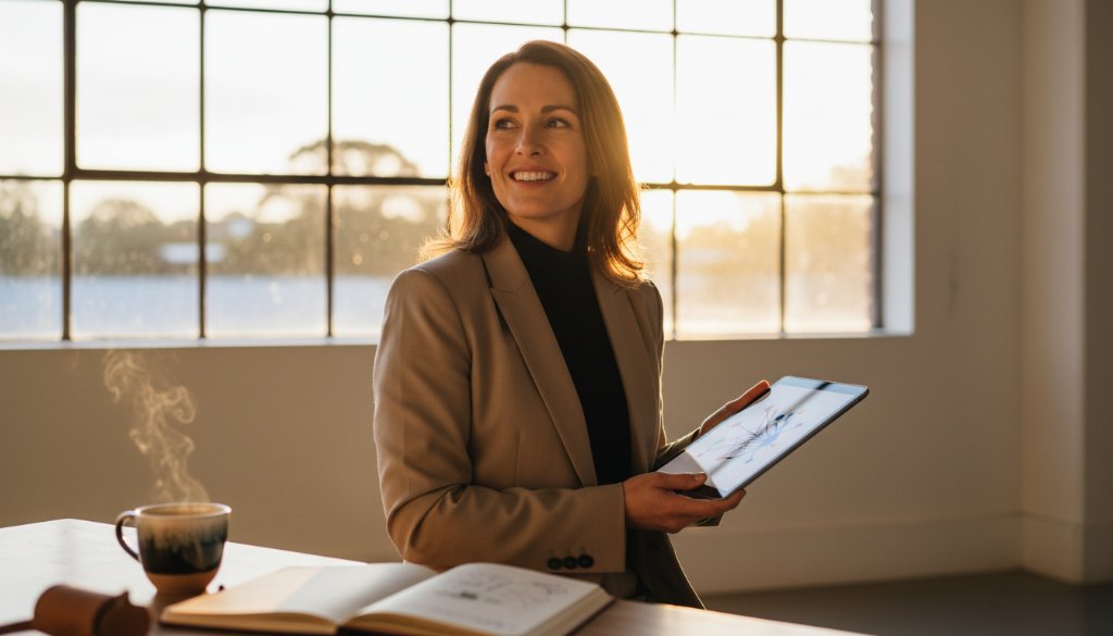 A professional female entrepreneur in Donvale, beaming with confidence, stands powerfully in her stylish office. The scene is bathed in golden hour light streaming through a large window, highlighting her and her branding materials. This epic moment of Donvale professional branding photography for local businesses captures her success and approachable expertise.