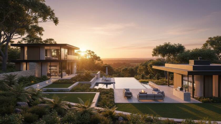 An epic moment of a stunning modern Donvale home, bathed in golden hour light, showcasing Donvale real estate photography to elevate property listings with professional artistry.