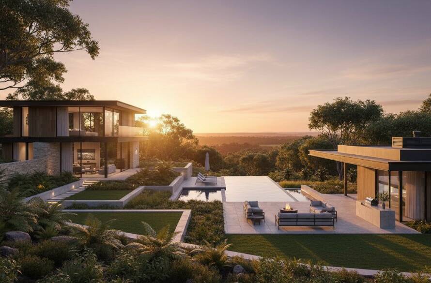 An epic moment of a stunning modern Donvale home, bathed in golden hour light, showcasing Donvale real estate photography to elevate property listings with professional artistry.