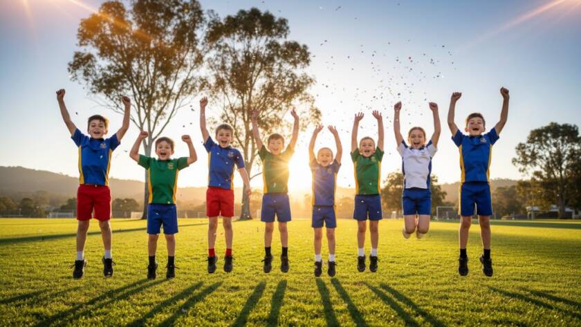 A candid, vibrant portrait capturing genuine smiles during Donvale school photography, showing students laughing joyfully outdoors under bright natural light, reflecting the authentic spirit of childhood.