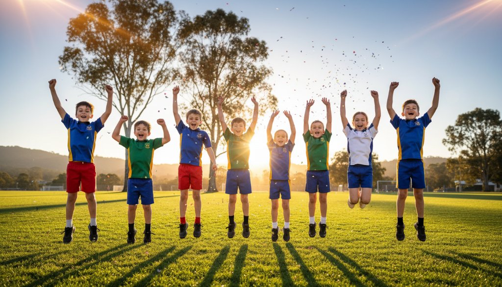A candid, vibrant portrait capturing genuine smiles during Donvale school photography, showing students laughing joyfully outdoors under bright natural light, reflecting the authentic spirit of childhood.