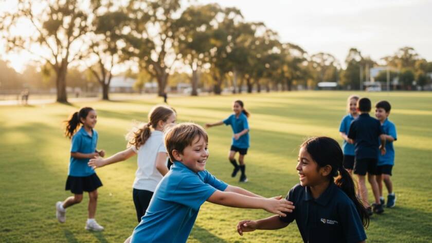 An epic moment captured during Donvale school photography natural smiles Victoria, showing a group of diverse primary school children laughing naturally together on the school oval, with golden afternoon light highlighting their joyful expressions and the vibrant green surrounds of Donvale.