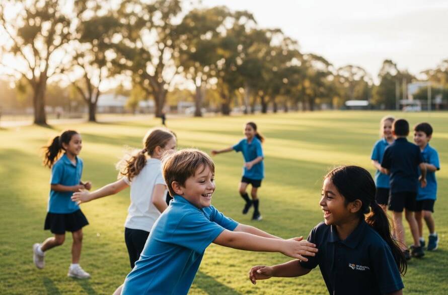 An epic moment captured during Donvale school photography natural smiles Victoria, showing a group of diverse primary school children laughing naturally together on the school oval, with golden afternoon light highlighting their joyful expressions and the vibrant green surrounds of Donvale.