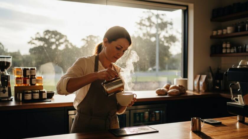 Dramatic, wide-angle shot featuring a local café owner in Donvale, Victoria, passionately preparing a artisanal coffee, illuminated by warm morning light streaming through a large window, showcasing the essence of Donvale Victoria Commercial Photography for Local Brands.