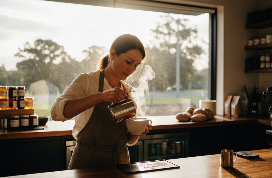 Dramatic, wide-angle shot featuring a local café owner in Donvale, Victoria, passionately preparing a artisanal coffee, illuminated by warm morning light streaming through a large window, showcasing the essence of Donvale Victoria Commercial Photography for Local Brands.