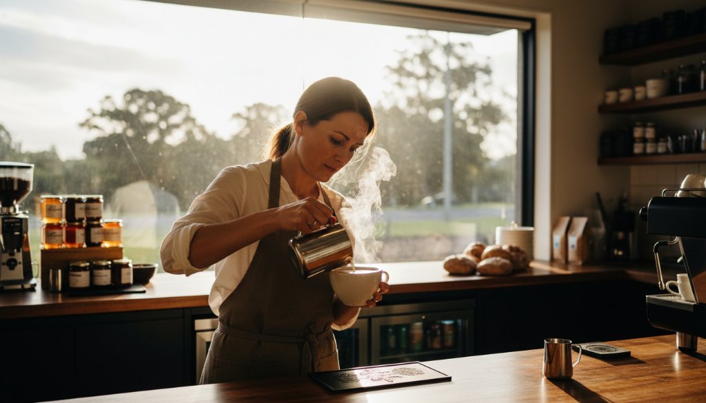 Dramatic, wide-angle shot featuring a local café owner in Donvale, Victoria, passionately preparing a artisanal coffee, illuminated by warm morning light streaming through a large window, showcasing the essence of Donvale Victoria Commercial Photography for Local Brands.