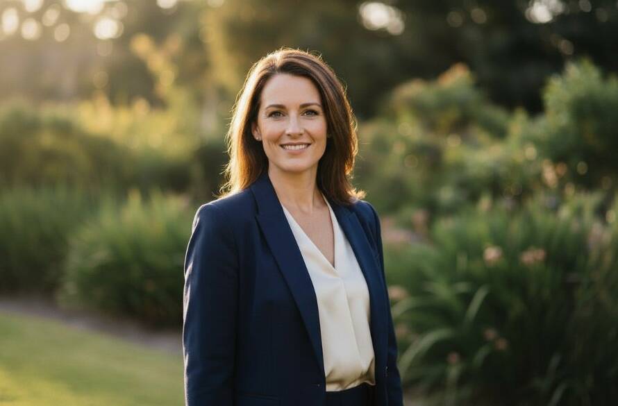 A confident male executive in Donvale Victoria receiving exceptional headshots with natural light, captured at golden hour with the Donvale landscape softly blurred in the background, showcasing professional power and approachability with dramatic backlighting and a warm, cinematic colour grade.