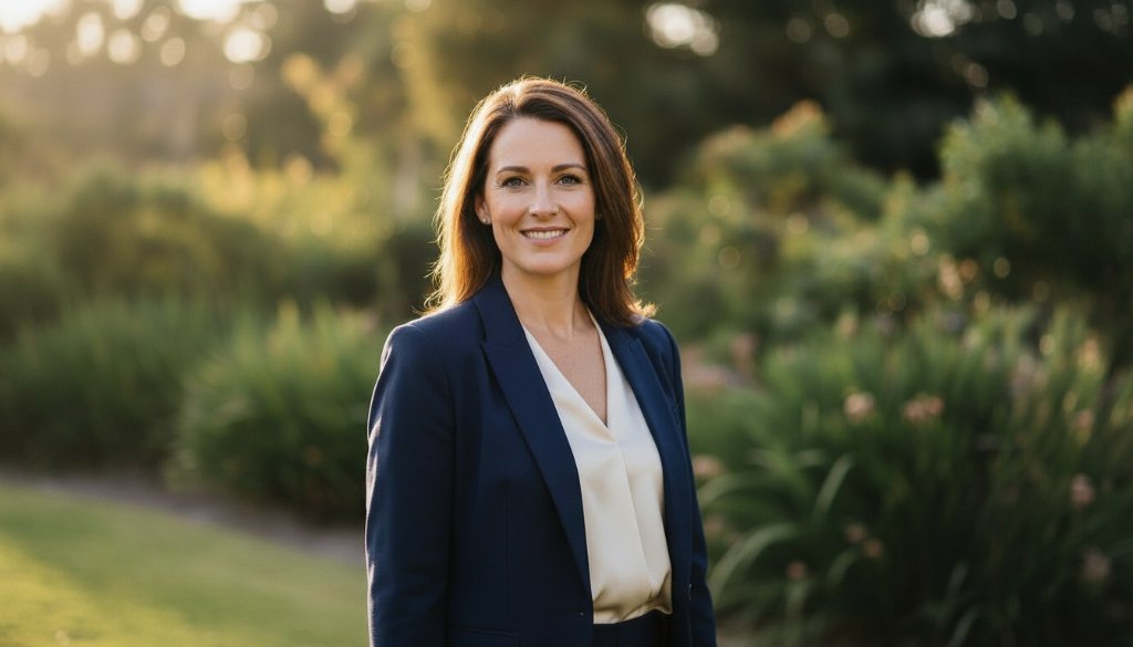 A confident male executive in Donvale Victoria receiving exceptional headshots with natural light, captured at golden hour with the Donvale landscape softly blurred in the background, showcasing professional power and approachability with dramatic backlighting and a warm, cinematic colour grade.