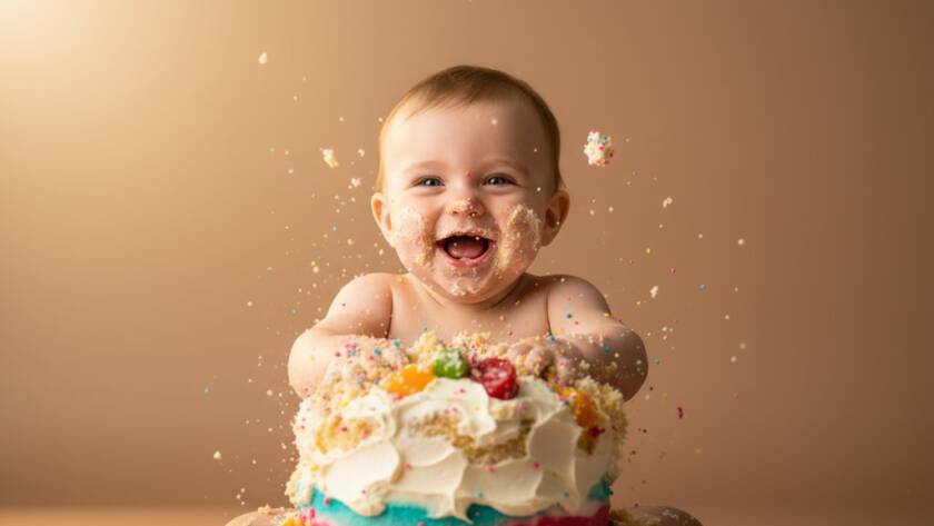 An ecstatic baby covered in frosting during a vibrant Donvale Victoria first birthday cake smash photography session, captured with dramatic studio lighting and professional colour grading, showing pure joy.