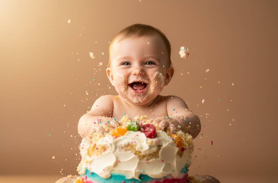 An ecstatic baby covered in frosting during a vibrant Donvale Victoria first birthday cake smash photography session, captured with dramatic studio lighting and professional colour grading, showing pure joy.