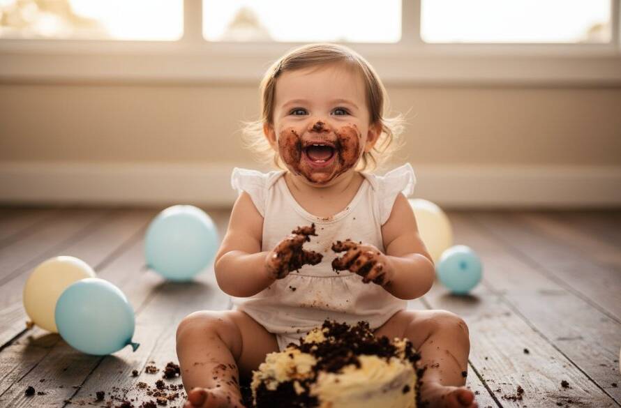 An adorable one-year-old child in a whimsical setting, covered in colourful cake, laughing joyously during their Donvale Victoria first birthday cake smash photoshoot, captured with dramatic lighting.