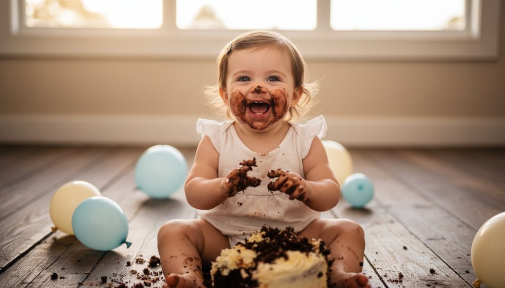 An adorable one-year-old child in a whimsical setting, covered in colourful cake, laughing joyously during their Donvale Victoria first birthday cake smash photoshoot, captured with dramatic lighting.