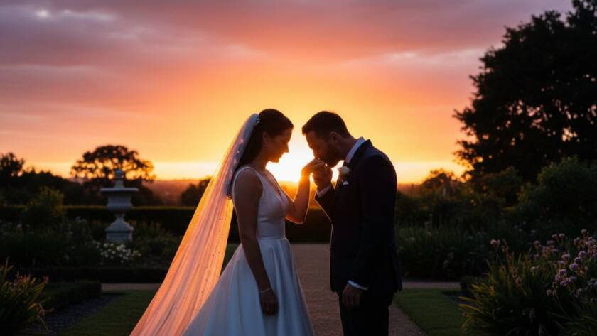 An epic moment of a newlywed couple embracing passionately under a canopy of twinkling fairy lights at a rustic Donvale wedding venue, showcasing the pure essence of Donvale Wedding Photography capturing genuine joy.