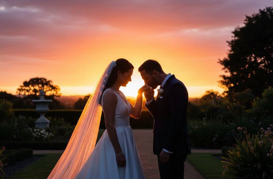 An epic moment of a newlywed couple embracing passionately under a canopy of twinkling fairy lights at a rustic Donvale wedding venue, showcasing the pure essence of Donvale Wedding Photography capturing genuine joy.