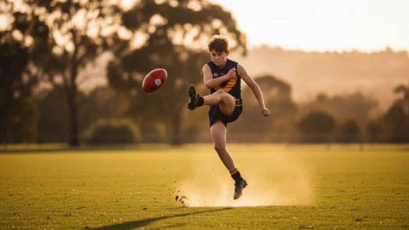A powerful shot from Donvale youth sports photography capturing dynamic moments, showing a young athlete mid-action on a vibrant Donvale oval at sunset, with dramatic backlighting and a sense of triumph.