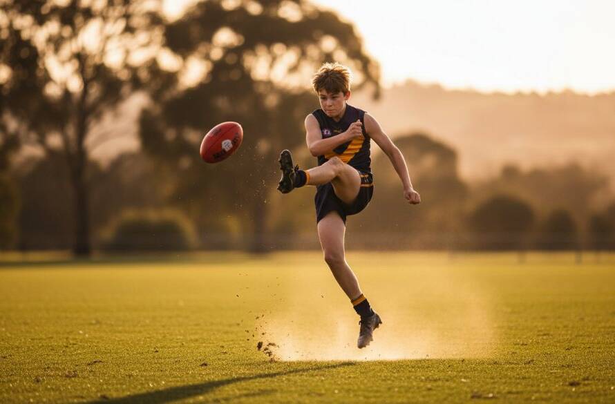 A powerful shot from Donvale youth sports photography capturing dynamic moments, showing a young athlete mid-action on a vibrant Donvale oval at sunset, with dramatic backlighting and a sense of triumph.