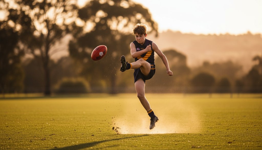 A powerful shot from Donvale youth sports photography capturing dynamic moments, showing a young athlete mid-action on a vibrant Donvale oval at sunset, with dramatic backlighting and a sense of triumph.