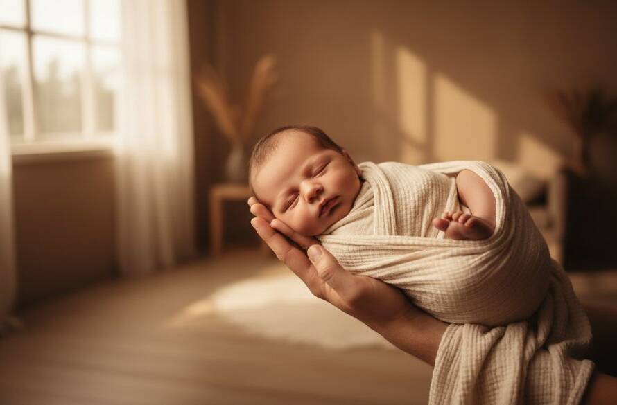 A tender, cinematic wide shot of a newborn baby swaddled in soft white fabric, gently held in a parent's hands, bathed in warm, soft studio light, illustrating the beauty of Doveton artistic newborn portraits Victoria.