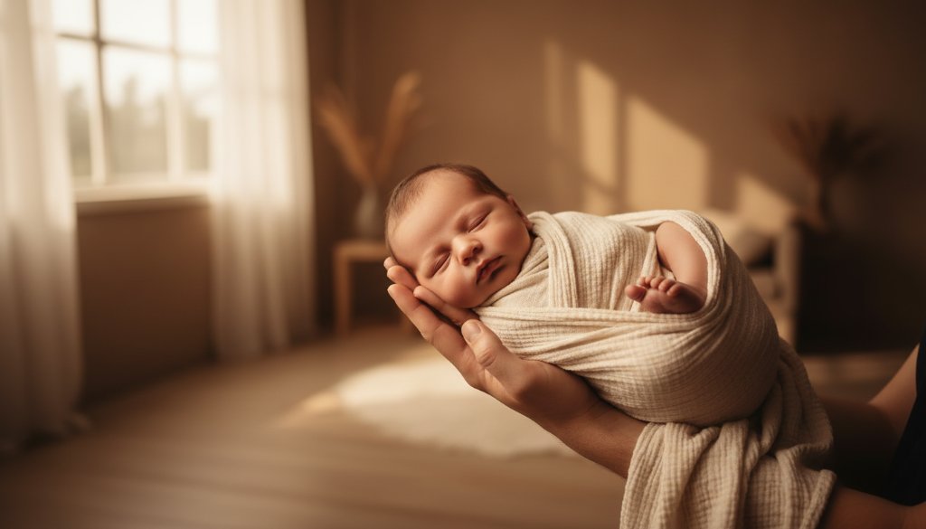 A tender, cinematic wide shot of a newborn baby swaddled in soft white fabric, gently held in a parent's hands, bathed in warm, soft studio light, illustrating the beauty of Doveton artistic newborn portraits Victoria.