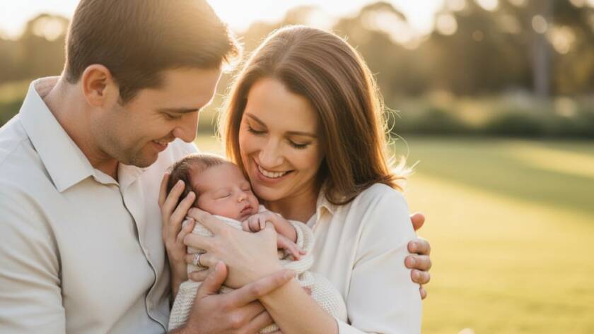 A heartwarming, epic moment captured: a newborn baby, eyes wide with wonder, gently held by loving parents in a soft embrace, bathed in a golden hour glow at a Doveton park, showcasing Doveton baby photography authentic family moments. Professional photography with dramatic backlighting and warm colour grading.