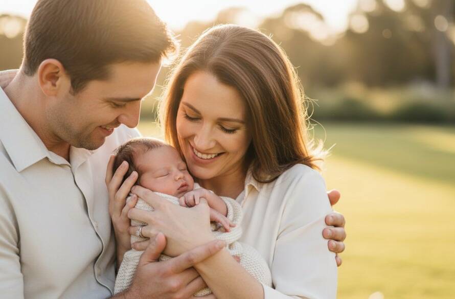 A heartwarming, epic moment captured: a newborn baby, eyes wide with wonder, gently held by loving parents in a soft embrace, bathed in a golden hour glow at a Doveton park, showcasing Doveton baby photography authentic family moments. Professional photography with dramatic backlighting and warm colour grading.