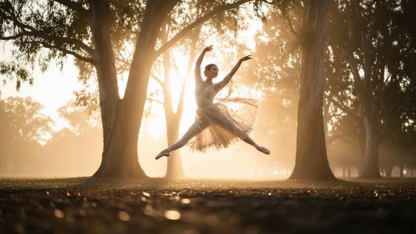 A captivating wide shot of a ballet dancer mid-leap, silhouetted against a golden hour sunset over a serene field in Doveton, showcasing the exquisite Doveton ballet photography capturing graceful movement, with dramatic backlighting and a sense of boundless freedom.