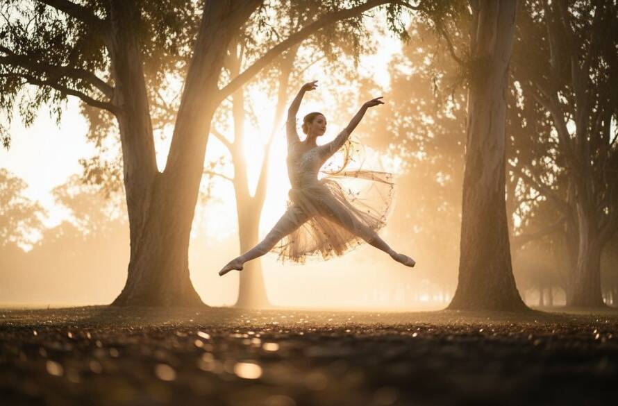 A captivating wide shot of a ballet dancer mid-leap, silhouetted against a golden hour sunset over a serene field in Doveton, showcasing the exquisite Doveton ballet photography capturing graceful movement, with dramatic backlighting and a sense of boundless freedom.