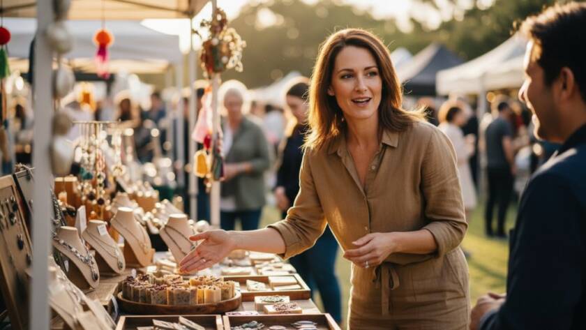 Epic moment capture by Doveton Business Branding Photoshoot Specialists: A confident female entrepreneur, illuminated by golden hour light, passionately presenting her locally-sourced products at the Doveton Plaza market, surrounded by engaged customers, showcasing genuine brand connection.