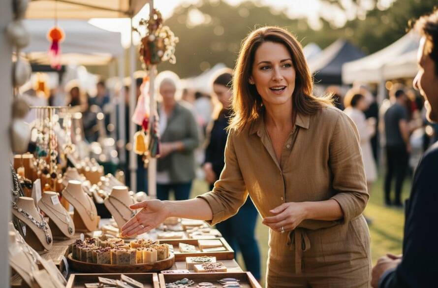 Epic moment capture by Doveton Business Branding Photoshoot Specialists: A confident female entrepreneur, illuminated by golden hour light, passionately presenting her locally-sourced products at the Doveton Plaza market, surrounded by engaged customers, showcasing genuine brand connection.