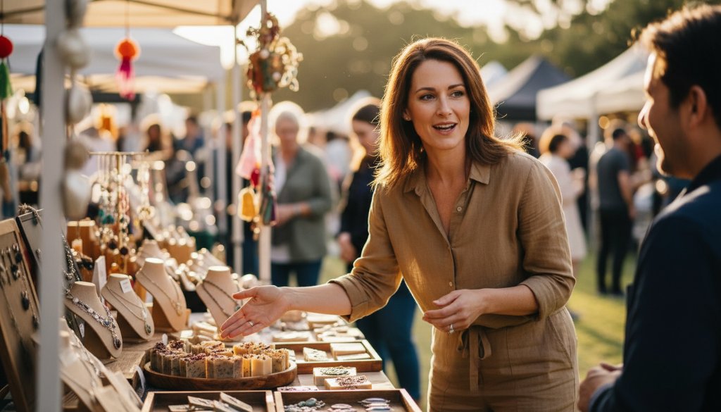 Epic moment capture by Doveton Business Branding Photoshoot Specialists: A confident female entrepreneur, illuminated by golden hour light, passionately presenting her locally-sourced products at the Doveton Plaza market, surrounded by engaged customers, showcasing genuine brand connection.
