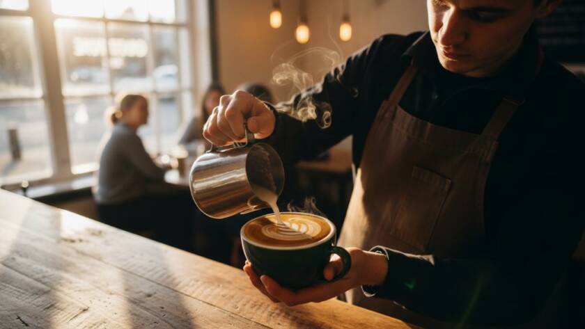 A vibrant, overhead shot capturing a professionally styled breakfast spread at a bustling Doveton cafe, showcasing exquisite Doveton cafe food styling photography Victoria with dramatic natural light highlighting freshly brewed coffee, warm pastries, and colourful fruit, evoking a sense of delicious anticipation.