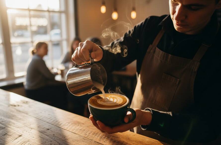 A vibrant, overhead shot capturing a professionally styled breakfast spread at a bustling Doveton cafe, showcasing exquisite Doveton cafe food styling photography Victoria with dramatic natural light highlighting freshly brewed coffee, warm pastries, and colourful fruit, evoking a sense of delicious anticipation.