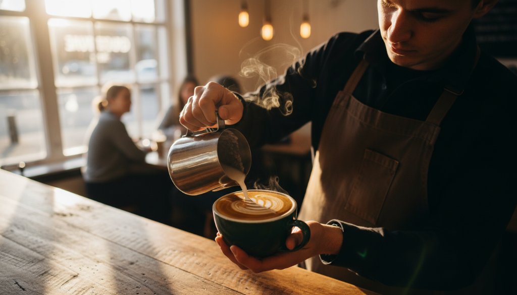 A vibrant, overhead shot capturing a professionally styled breakfast spread at a bustling Doveton cafe, showcasing exquisite Doveton cafe food styling photography Victoria with dramatic natural light highlighting freshly brewed coffee, warm pastries, and colourful fruit, evoking a sense of delicious anticipation.