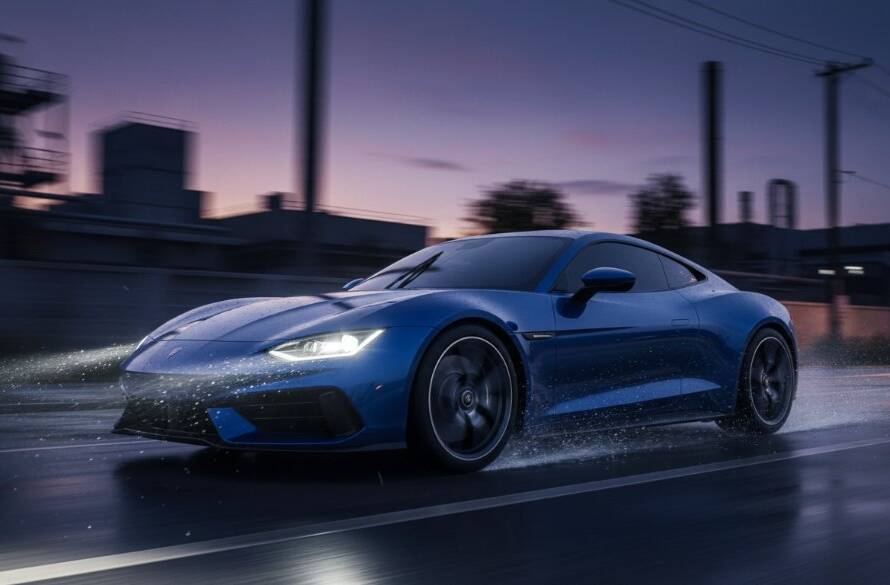 Doveton dramatic automotive photography Victoria featuring a sleek, dark sports car speeding down a wet road at dusk, headlights piercing through the mist, creating an epic, high-contrast, professional-grade photograph.