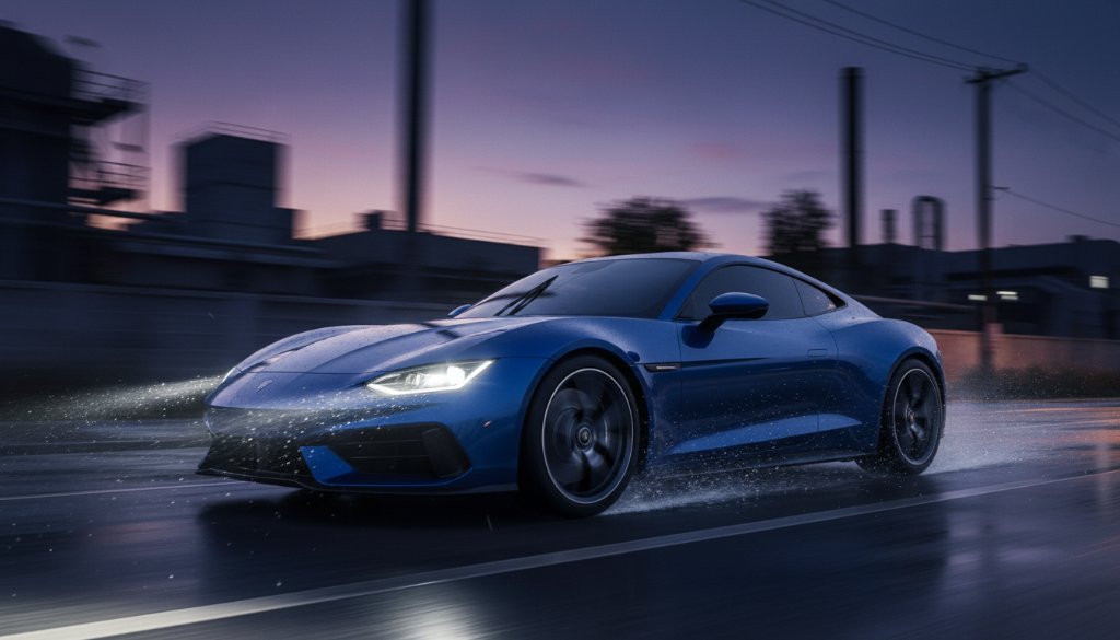 Doveton dramatic automotive photography Victoria featuring a sleek, dark sports car speeding down a wet road at dusk, headlights piercing through the mist, creating an epic, high-contrast, professional-grade photograph.