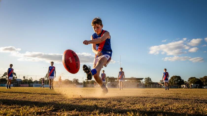 A young footballer in mid-air, powerfully kicking a ball during an intense match on a sunny afternoon in Doveton, Victoria. Dramatic lighting captures dust rising, highlighting the player's determined expression, a perfect example of Doveton junior football epic moments photography.