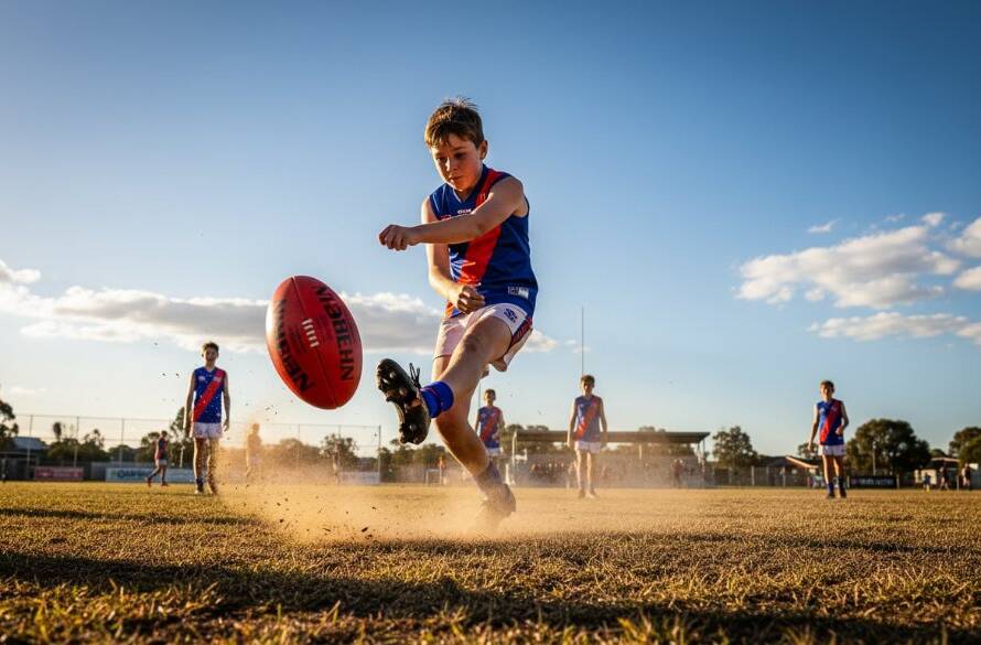 A young footballer in mid-air, powerfully kicking a ball during an intense match on a sunny afternoon in Doveton, Victoria. Dramatic lighting captures dust rising, highlighting the player's determined expression, a perfect example of Doveton junior football epic moments photography.