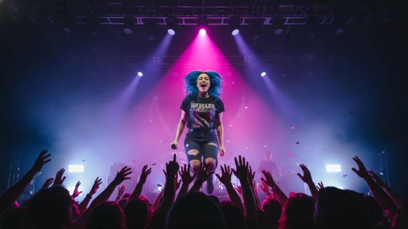 A wide shot of a lead guitarist mid-shred, bathed in dramatic red and blue stage lights at a vibrant Doveton concert, perfectly illustrating Doveton live music photography capturing electrifying concert energy.