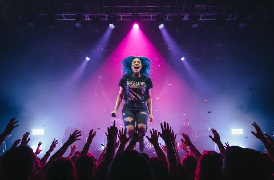 A wide shot of a lead guitarist mid-shred, bathed in dramatic red and blue stage lights at a vibrant Doveton concert, perfectly illustrating Doveton live music photography capturing electrifying concert energy.
