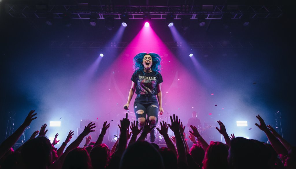 A wide shot of a lead guitarist mid-shred, bathed in dramatic red and blue stage lights at a vibrant Doveton concert, perfectly illustrating Doveton live music photography capturing electrifying concert energy.