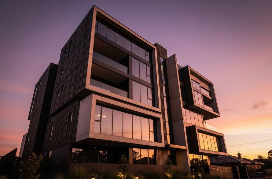 Dramatic wide-angle shot of a cutting-edge, minimalist modern building in Doveton at twilight, with sleek lines and glass facades reflecting the deep blue sky, perfectly showcasing Doveton modern architecture photography for innovative builds.