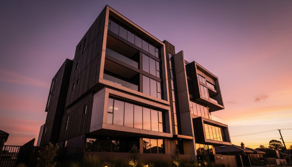 Dramatic wide-angle shot of a cutting-edge, minimalist modern building in Doveton at twilight, with sleek lines and glass facades reflecting the deep blue sky, perfectly showcasing Doveton modern architecture photography for innovative builds.